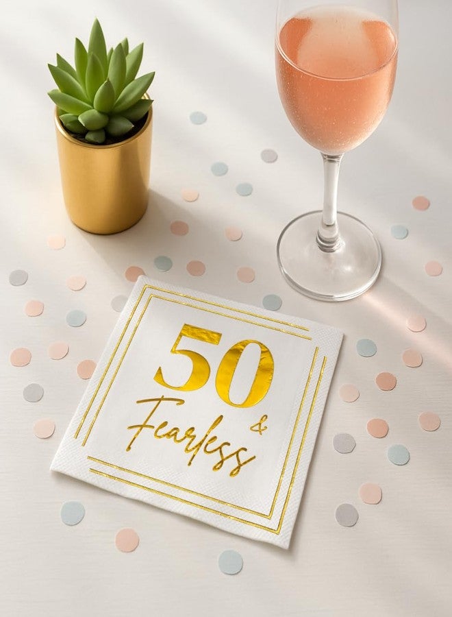 Cloverjoyed 50th Birthday Cocktail Napkins, Gold 50 Years Old Bday Party Decorations, "50 & Fearless" Disposable Paper Napkin Decor for Women & Men, Milestone Anniversary Celebration, Fabulous Gift Ideas, 50 Pack - Image 4